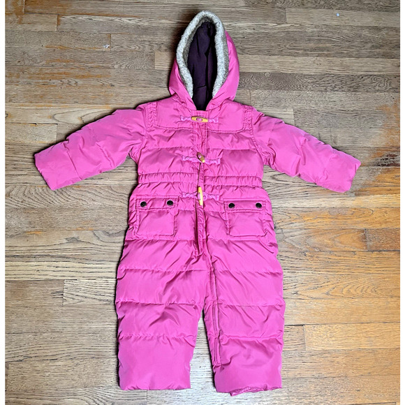 Baby Gap Baby Snowsuit Pink Puffer Down Filled Faux Fur Hood Zip Up 18-24 Months - Picture 1 of 13